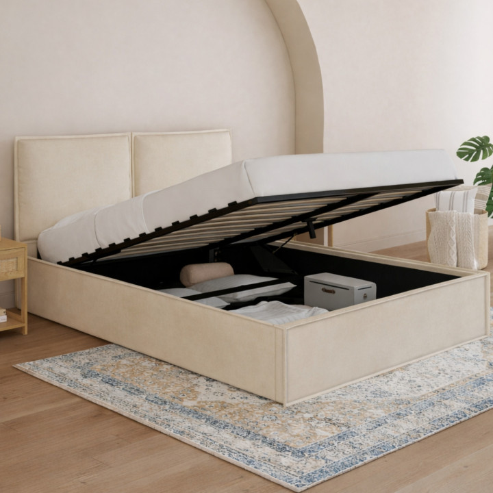 Letto matrimoniale a cassettone, testata, cuscino, base in velluto beige - PILOU