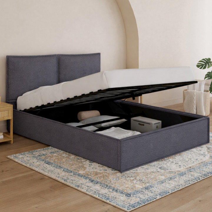 Letto matrimoniale a cassettone, testata, cuscino, base grigio antracite - PILOU