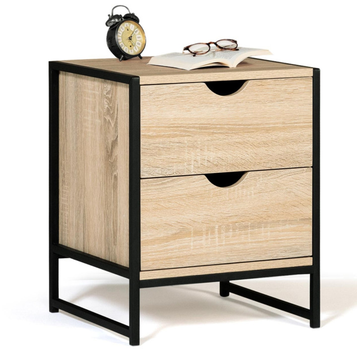 Lot de 2 tables de chevet DETROIT 2 tiroirs bois et métal noir design industriel