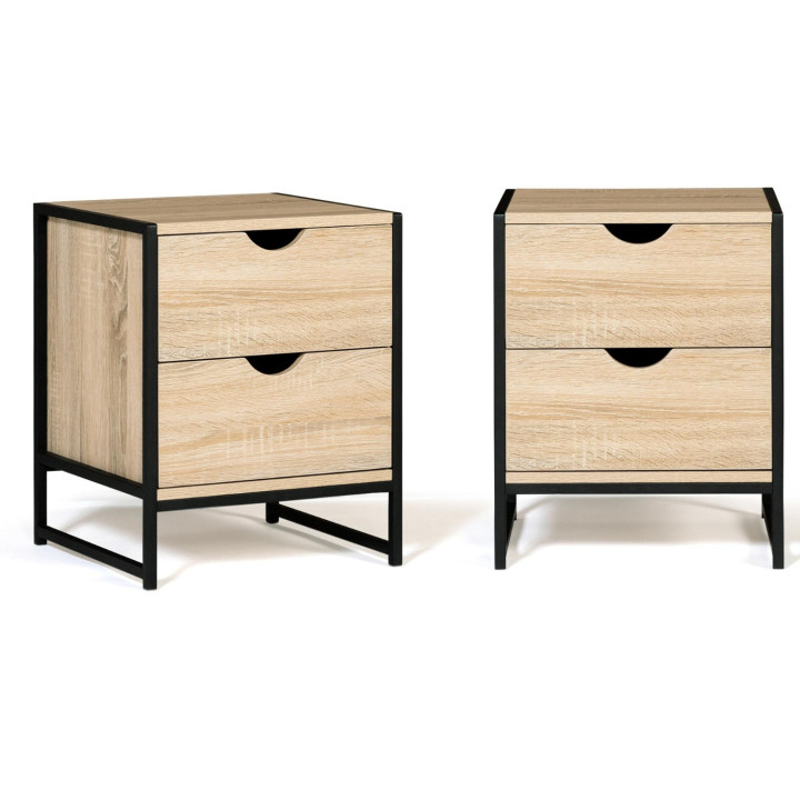 Lot de 2 tables de chevet DETROIT 2 tiroirs bois et métal noir design industriel