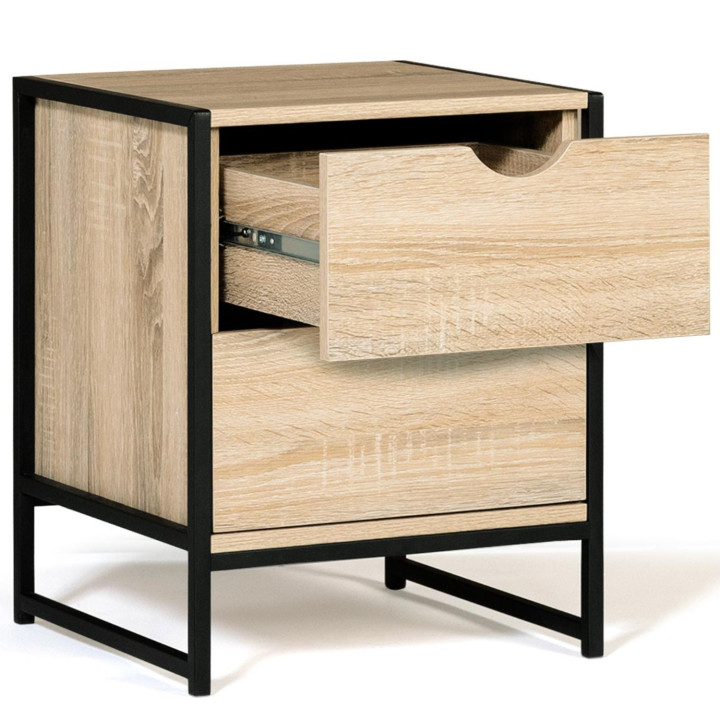 Lot de 2 tables de chevet DETROIT 2 tiroirs bois et métal noir design industriel