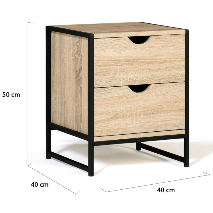 Lot de 2 tables de chevet DETROIT 2 tiroirs bois et métal noir design industriel