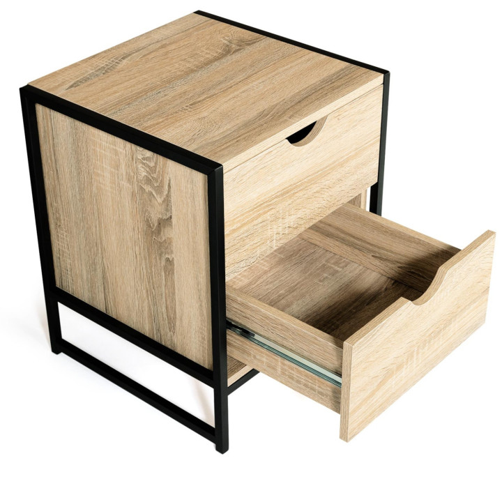 Lot de 2 tables de chevet DETROIT 2 tiroirs bois et métal noir design industriel