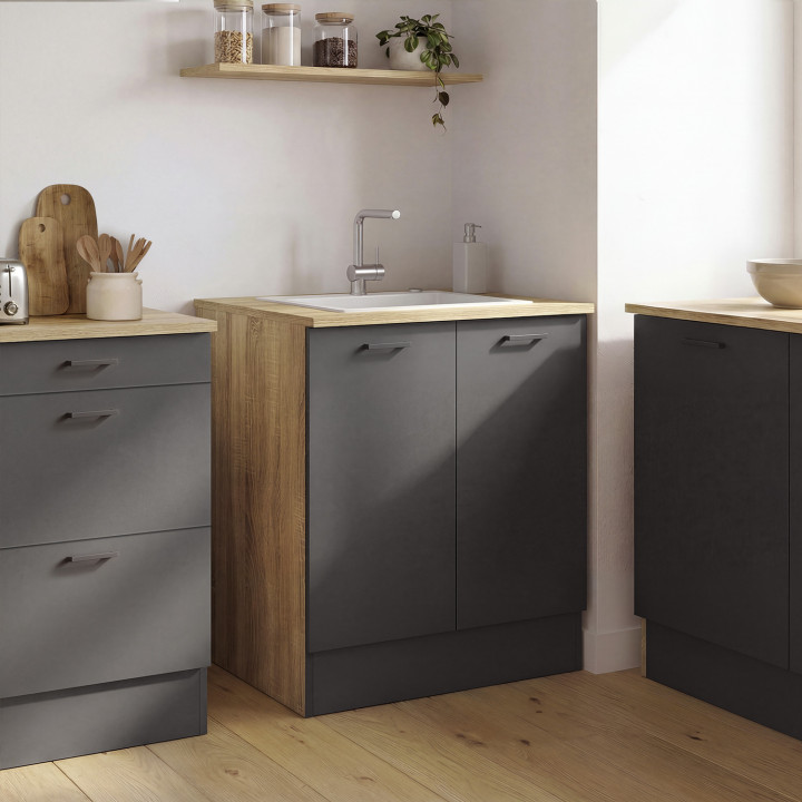 Mueble bajo de cocina 80 cm STIL Mueble auxiliar de 2 puertas en madera y negro