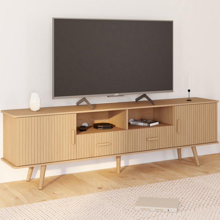 Meuble TV 180 cm JULIETTE 2 portes et 2 tiroirs lattes tasseau bois coloris chêne