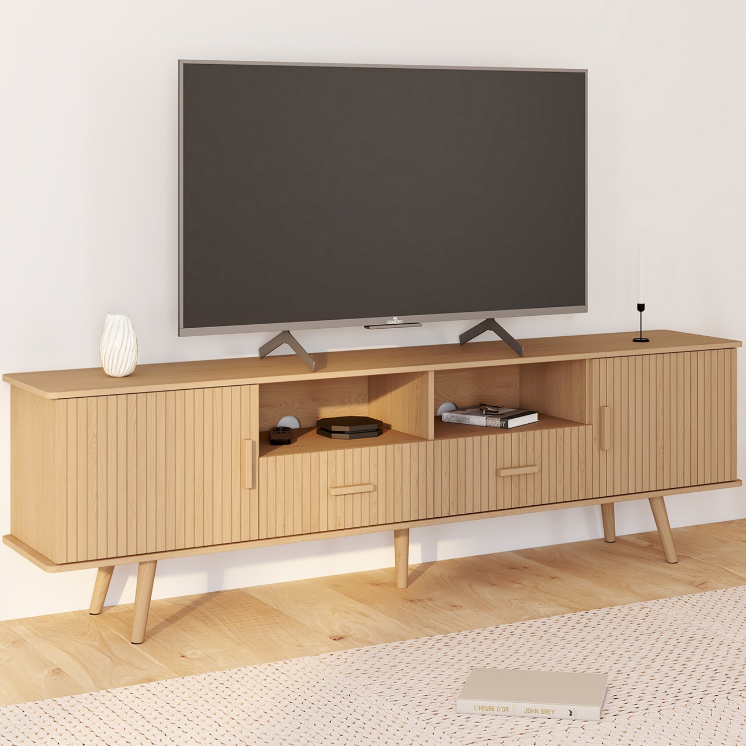 IDMARKET Meuble TV 180 cm 2 portes et 2 tiroirs lattes tasseau bois coloris ch&ecirc;ne