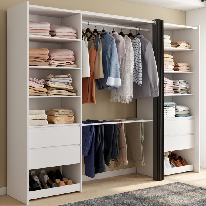 MERYL 220 cm XXL armario doble con pantalonero + estantes + cajones + zapatero en blanco y gris