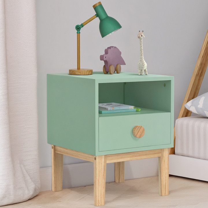 Table de chevet enfant JACOB 1 tiroir + 1 niche vert d'eau et bois