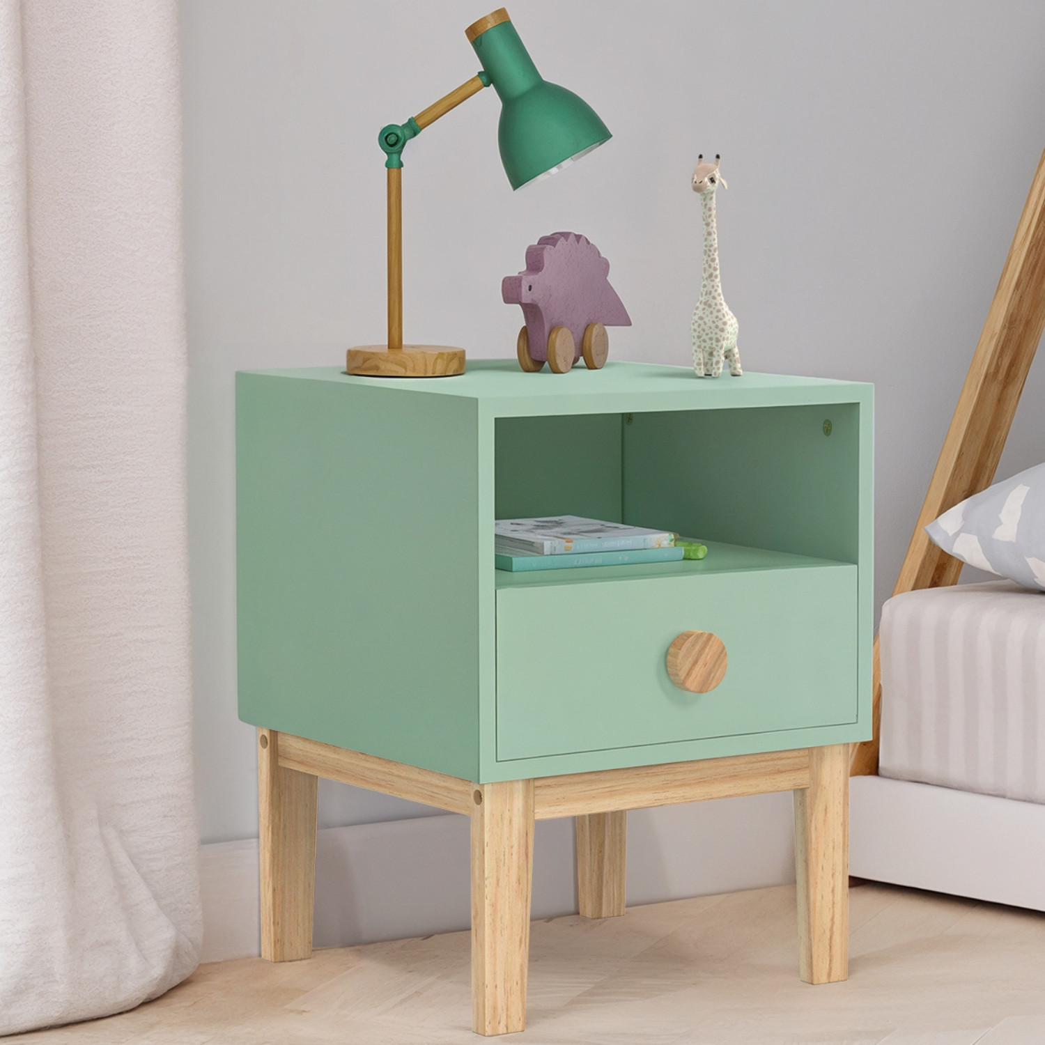 Table de chevet enfant 1 tiroir + 1 niche vert d'eau et bois