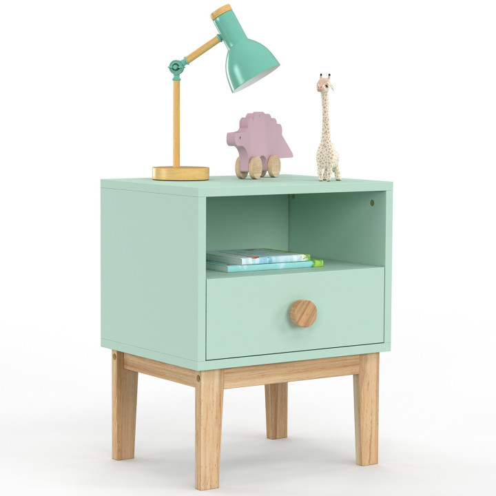 Table de chevet enfant JACOB 1 tiroir + 1 niche vert d'eau et bois