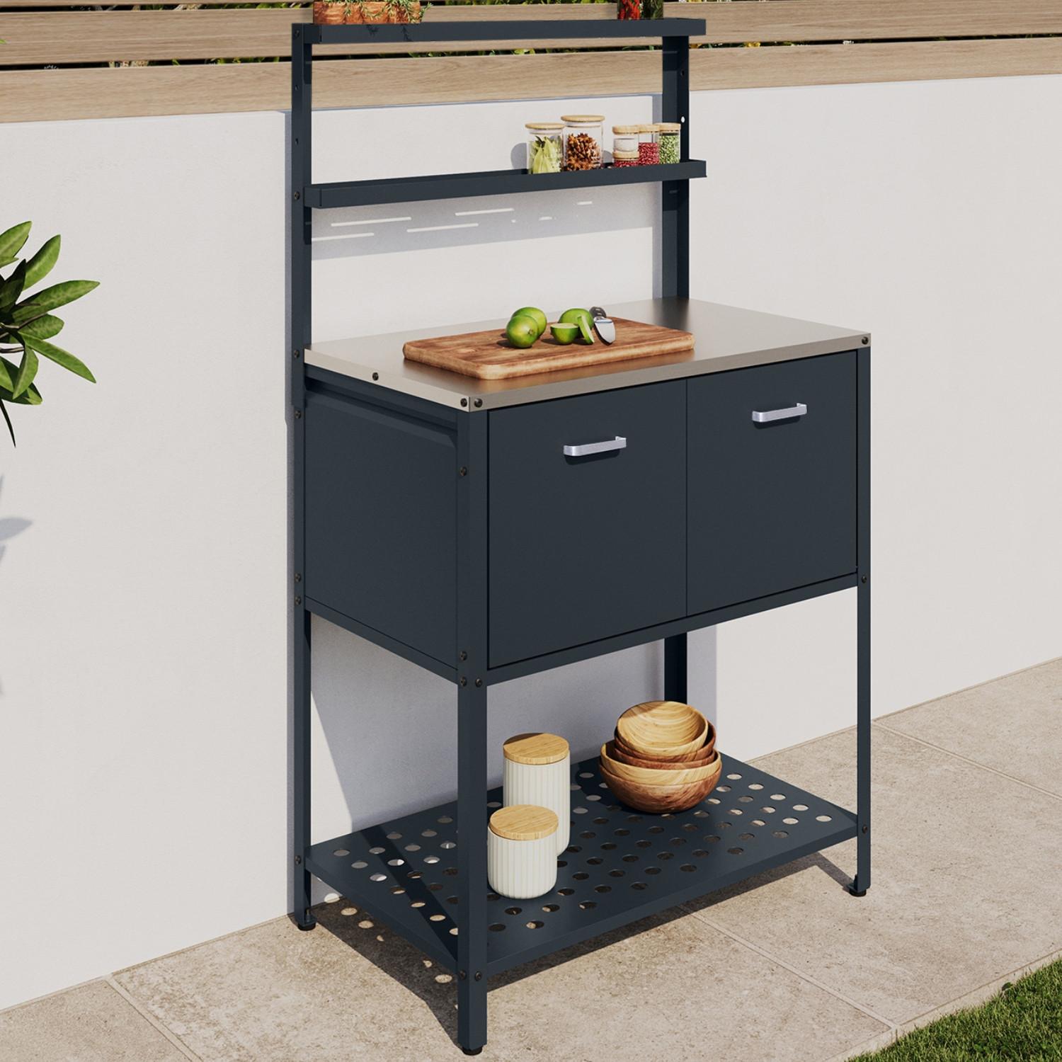 Meuble de cuisine extérieure 2 portes et 2 étagères suspendues en acier gris anthracite - PAREO | IdMarket