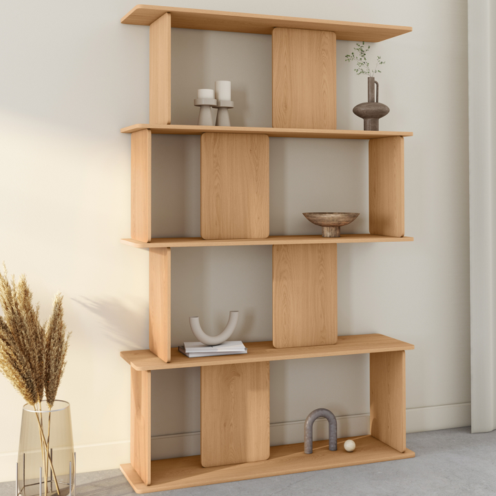 Etagère 4 niveaux japandi CAPUCINE asymétrique façon hêtre design arrondi