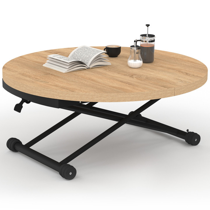 Mesa de centro extensible ALTURA convertible en mesa de comedor redonda con tablero de aspecto haya y pata negra de diseño indus