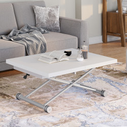 Table basse extensible relevable en table à manger rectangulaire URBANA plateau blanc pied chrome