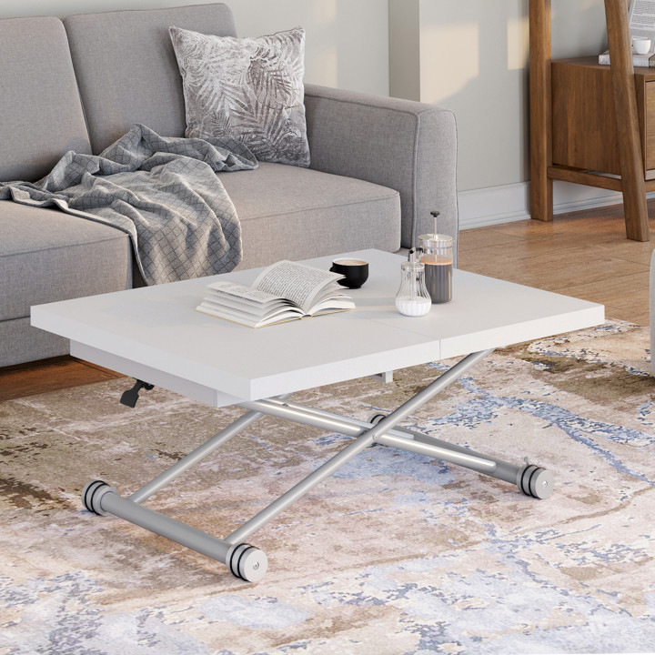 Tavolino allungabile e trasformabile in tavolo da pranzo rettangolare ALTURA 100-160 cm, piano bianco, base grigia cromata