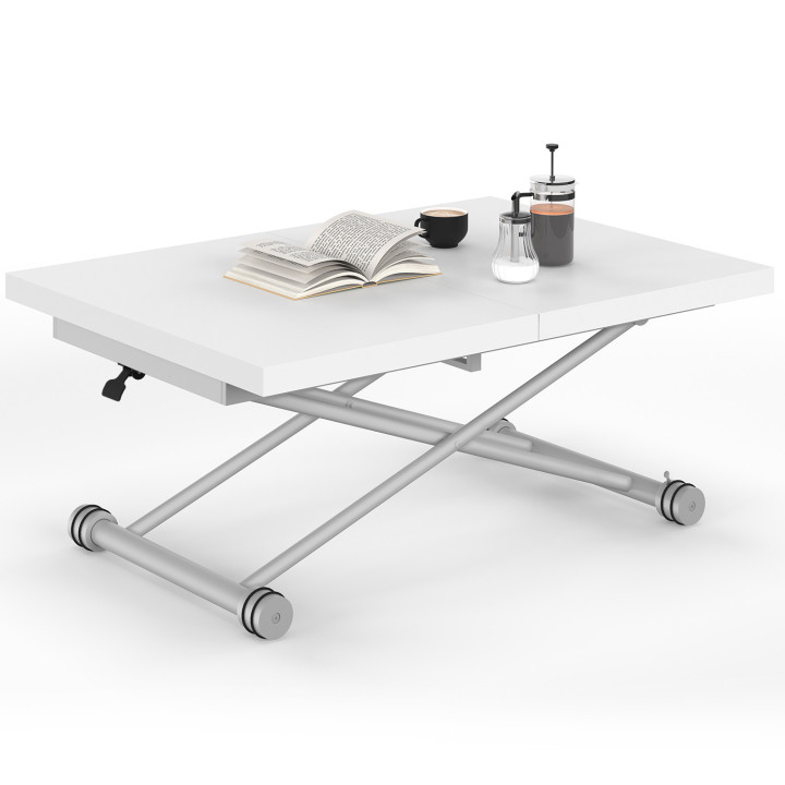 Tavolino allungabile e trasformabile in tavolo da pranzo rettangolare ALTURA 100-160 cm, piano bianco, base grigia cromata