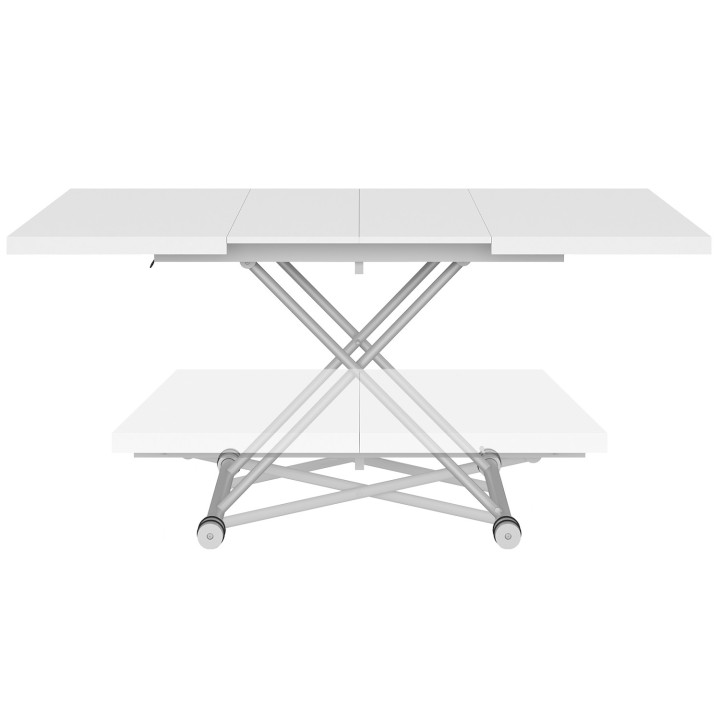 Tavolino allungabile e trasformabile in tavolo da pranzo rettangolare ALTURA 100-160 cm, piano bianco, base grigia cromata