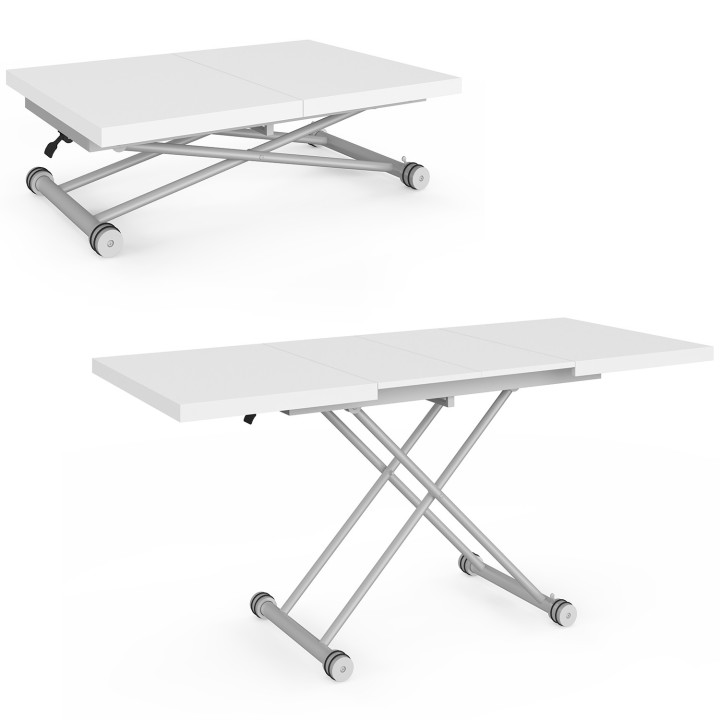 Tavolino allungabile e trasformabile in tavolo da pranzo rettangolare ALTURA 100-160 cm, piano bianco, base grigia cromata