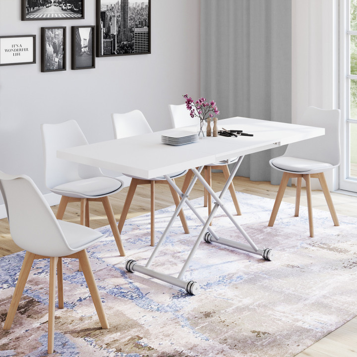 Tavolino allungabile e trasformabile in tavolo da pranzo rettangolare ALTURA 100-160 cm, piano bianco, base grigia cromata