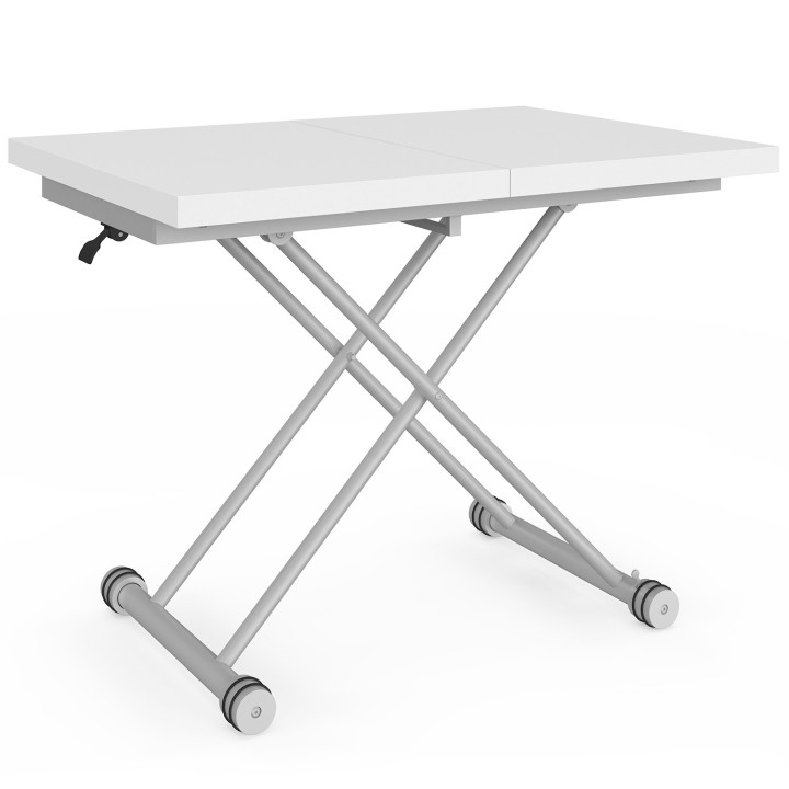 Tavolino allungabile e trasformabile in tavolo da pranzo rettangolare ALTURA 100-160 cm, piano bianco, base grigia cromata