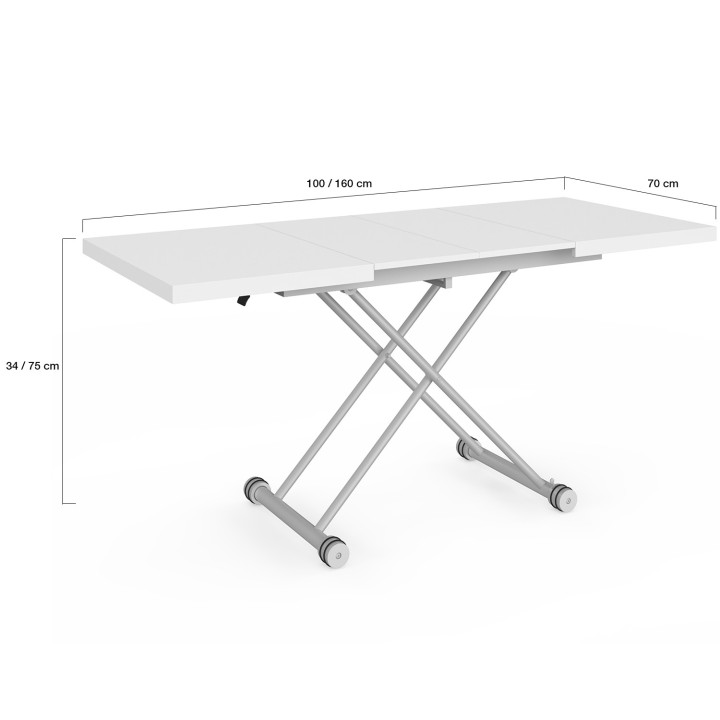 Tavolino allungabile e trasformabile in tavolo da pranzo rettangolare ALTURA 100-160 cm, piano bianco, base grigia cromata