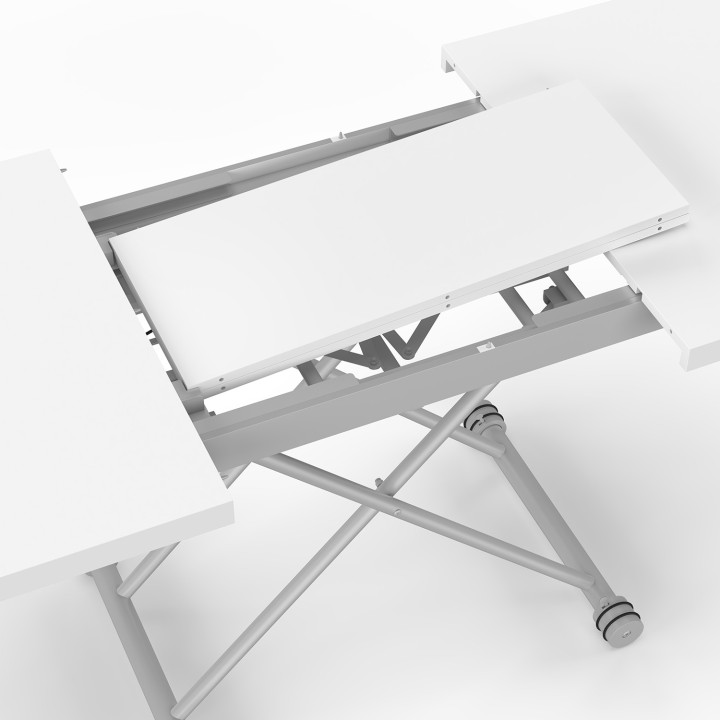 Tavolino allungabile e trasformabile in tavolo da pranzo rettangolare ALTURA 100-160 cm, piano bianco, base grigia cromata