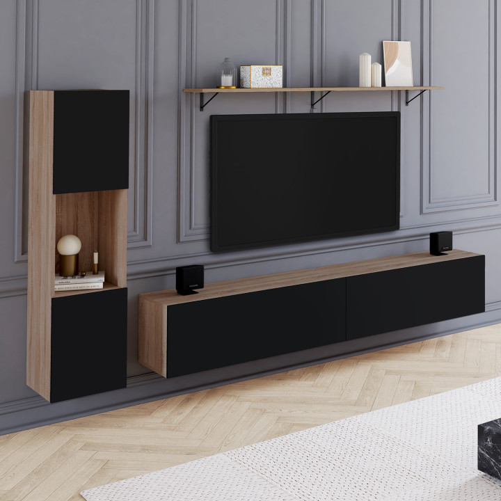 Porta TV 180 cm con colonne e ripiani in legno e nero - ELIO