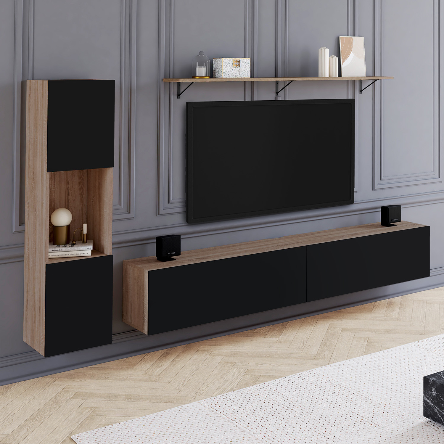 Meuble TV 180 cm avec colonne et étagère