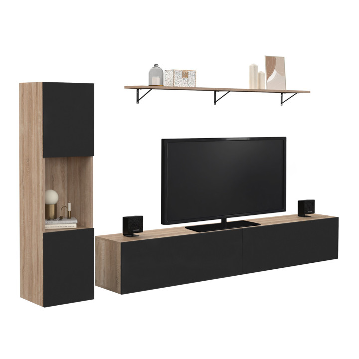 Porta TV 180 cm con colonne e ripiani in legno e nero - ELIO