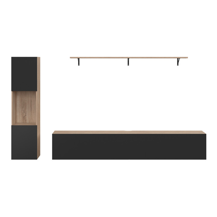 Porta TV 180 cm con colonne e ripiani in legno e nero - ELIO