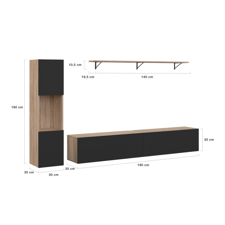 Ensemble meuble TV 180 cm avec colonne et étagère ELIO bois et noir