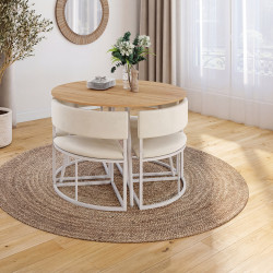 Set bestaande uit een tafel en 4 in elkaar schuifbare stoelen MILENE, wit metaal, tafelblad in beukenhoutlook en beige fluweel