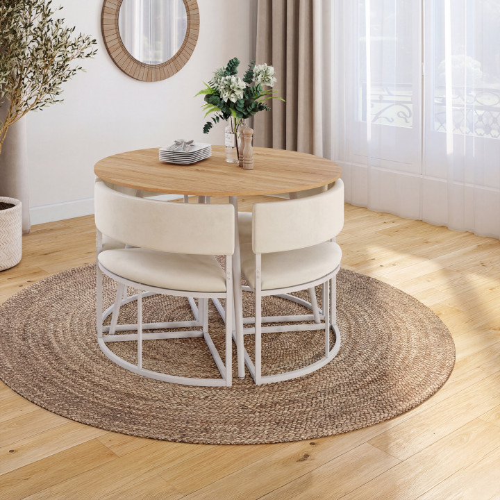 Conjunto de mesa y 4 sillas encajables MILENE de metal blanco, con tablero imitación de haya y tapizado de terciopelo beige