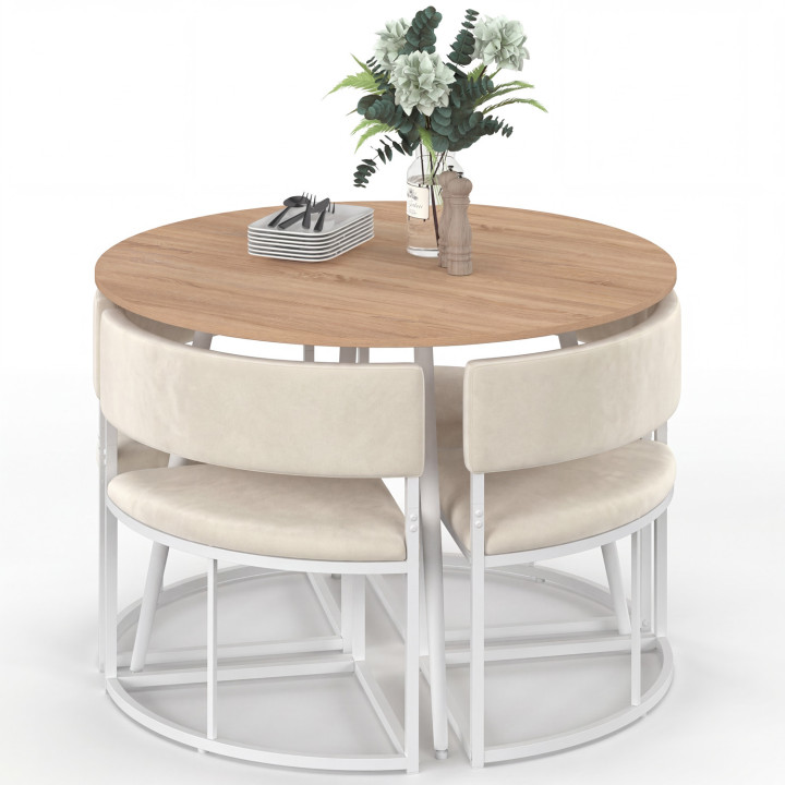 Set composto da tavolo e 4 sedie incastrabili MILENE in metallo bianco, con piano effetto faggio e rivestimento in velluto beige