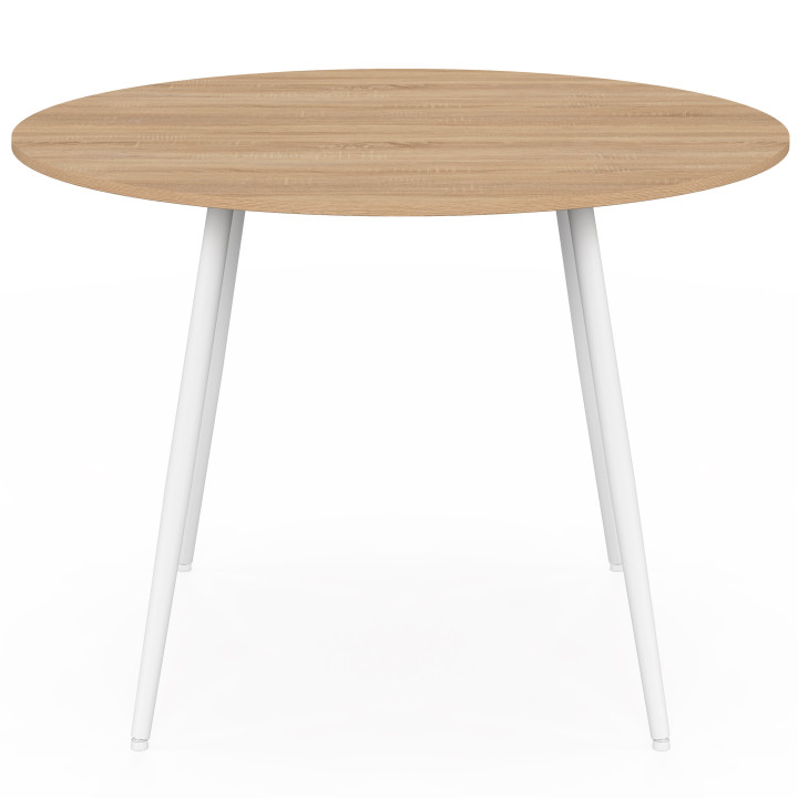 Set composto da tavolo e 4 sedie incastrabili MILENE in metallo bianco, con piano effetto faggio e rivestimento in velluto beige