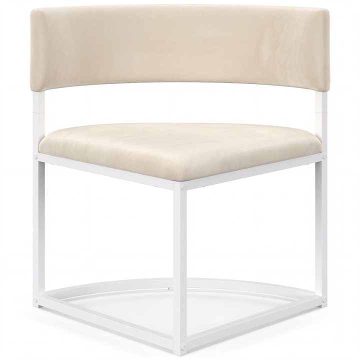 Set composto da tavolo e 4 sedie incastrabili MILENE in metallo bianco, con piano effetto faggio e rivestimento in velluto beige