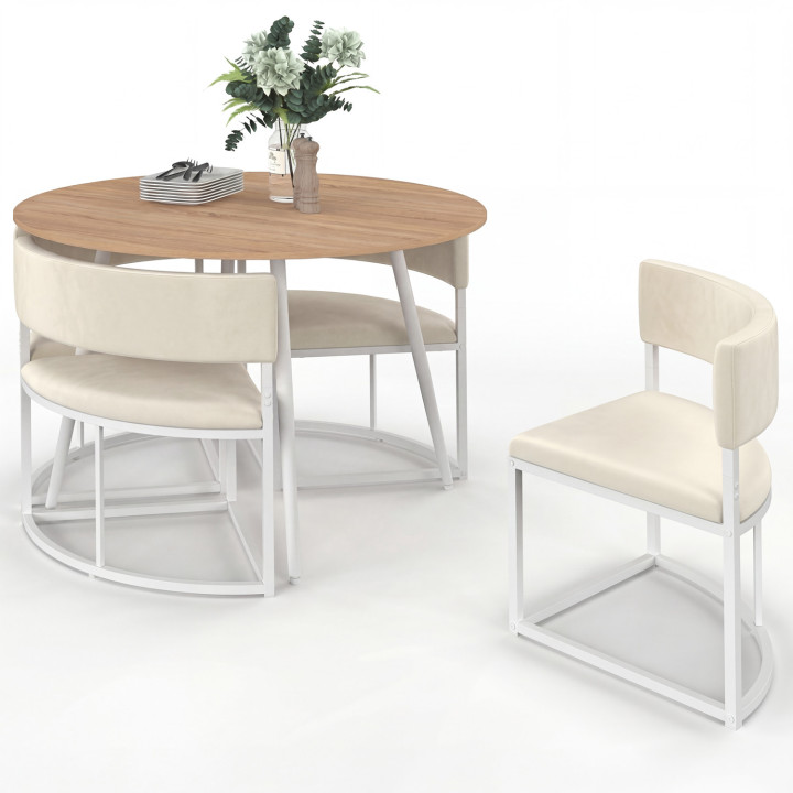 Set composto da tavolo e 4 sedie incastrabili MILENE in metallo bianco, con piano effetto faggio e rivestimento in velluto beige