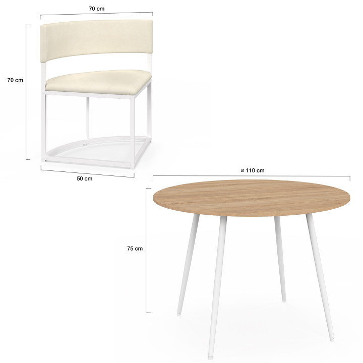 Set composto da tavolo e 4 sedie incastrabili MILENE in metallo bianco, con piano effetto faggio e rivestimento in velluto beige
