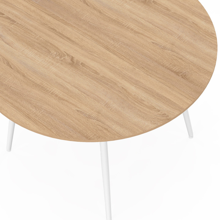 Set composto da tavolo e 4 sedie incastrabili MILENE in metallo bianco, con piano effetto faggio e rivestimento in velluto beige