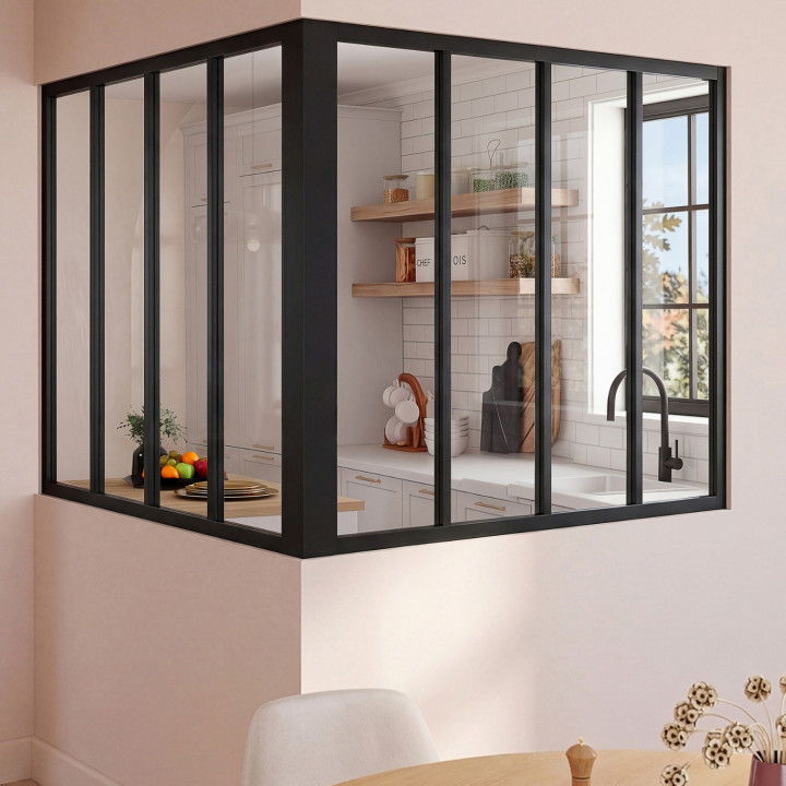 Tetto in vetro angolare a 8 vetri L. 116 x L.116 x H.108 cm in metallo nero e vetro temperato