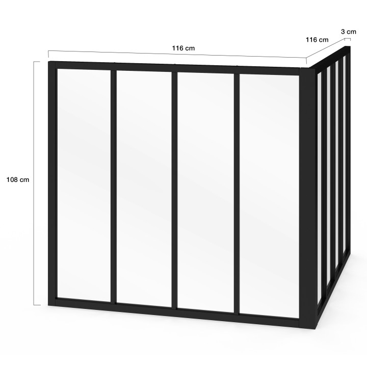 Tetto in vetro angolare a 8 vetri L. 116 x L.116 x H.108 cm in metallo nero e vetro temperato