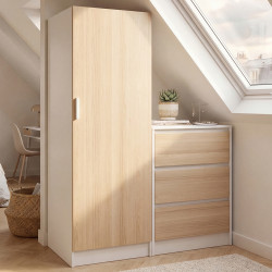 Armario de 1 puerta AMBRE con arcón de 3 cajones 100 cm modular acabado haya y blanco