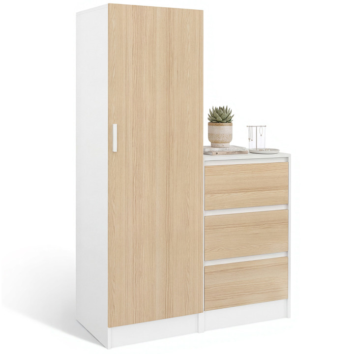 1-türiger Kleiderschrank AMBRE mit Kommode 3 Schubladen 100 cm modulierbar in Buche und Weiß