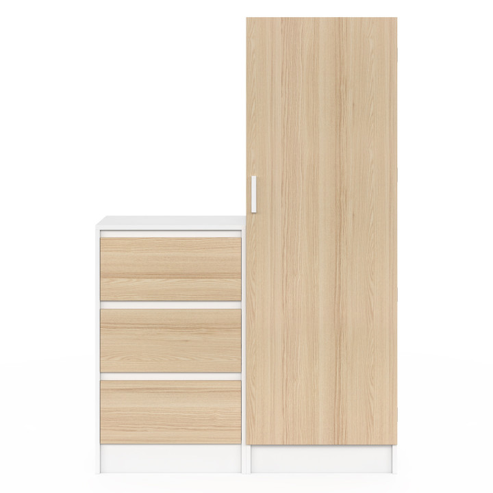 Armario de 1 puerta AMBRE con arcón de 3 cajones 100 cm modular acabado haya y blanco