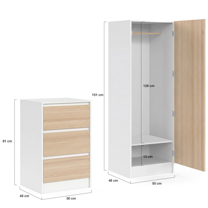 1-deurs AMBRE kast met 3 ladencommode 100 cm modulair beuken en wit ladeblok