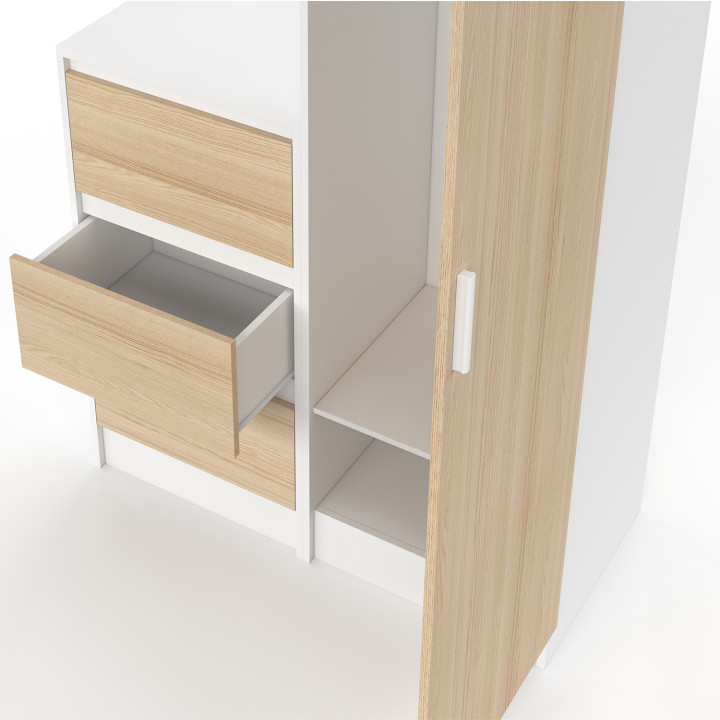 1-türiger Kleiderschrank AMBRE mit Kommode 3 Schubladen 100 cm modulierbar in Buche und Weiß