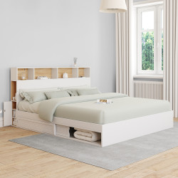 CLEM tweepersoonsbed met opbergruimte + hoofdeinde en lattenbodem 180 x 200 cm wit en beuken