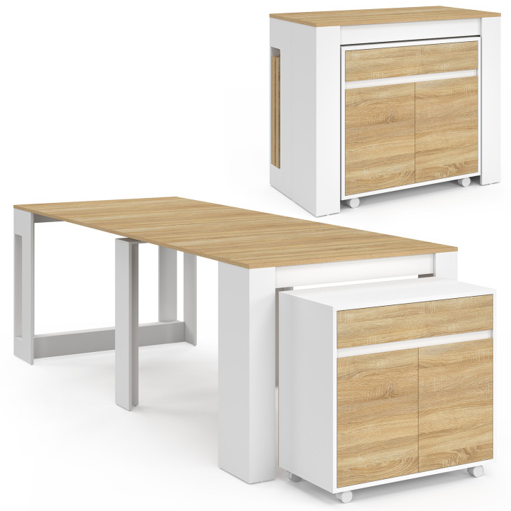 Mesa de comedor extensible para 10 personas, 235 cm, de madera blanca y imitación de haya - ORLANDO