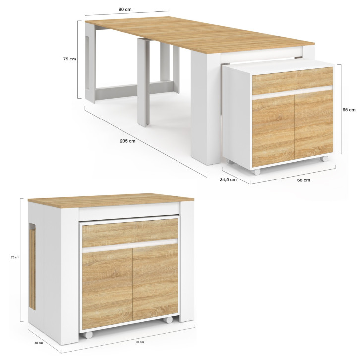 Mesa de comedor extensible para 10 personas, 235 cm, de madera blanca y imitación de haya - ORLANDO