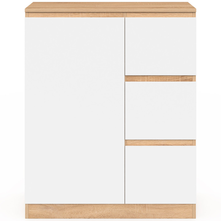 Meuble de rangement salle de bain TOMI 1 porte avec panier à linge amovible 3 tiroirs façon hêtre et blanc